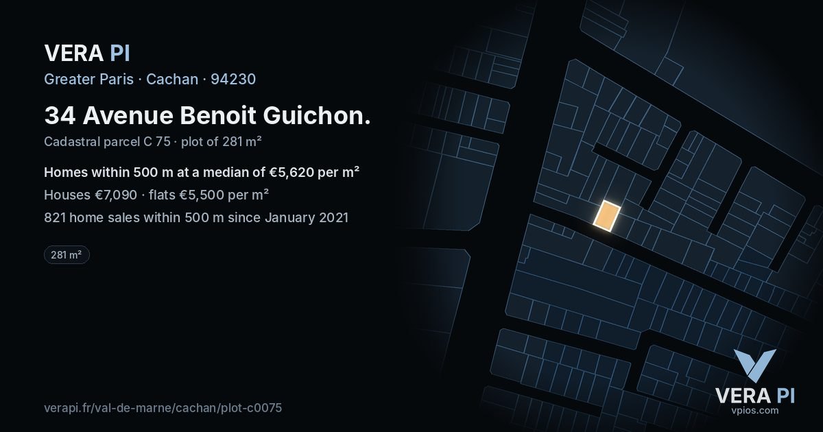 34 Avenue Benoit Guichon, Cachan at night – the plot lit, the parcels around coloured by the prices near them