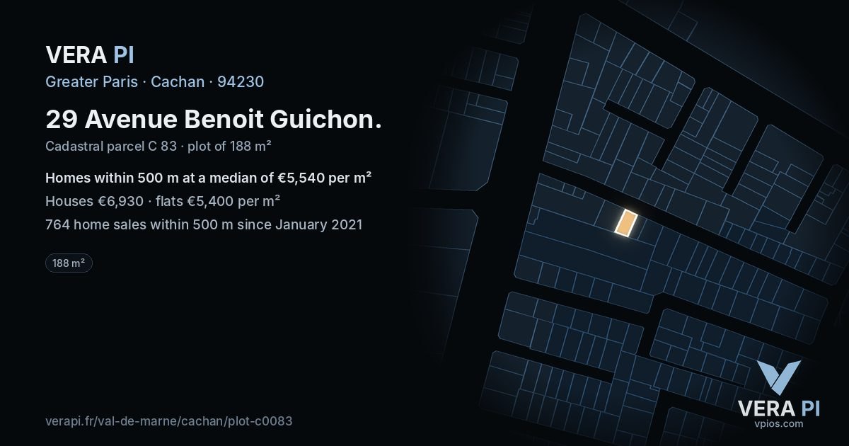 29 Avenue Benoit Guichon, Cachan at night – the plot lit, the parcels around coloured by the prices near them