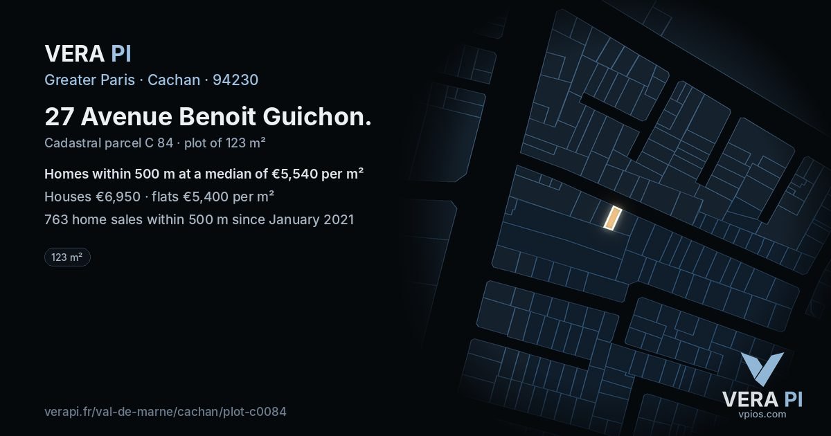 27 Avenue Benoit Guichon, Cachan at night – the plot lit, the parcels around coloured by the prices near them