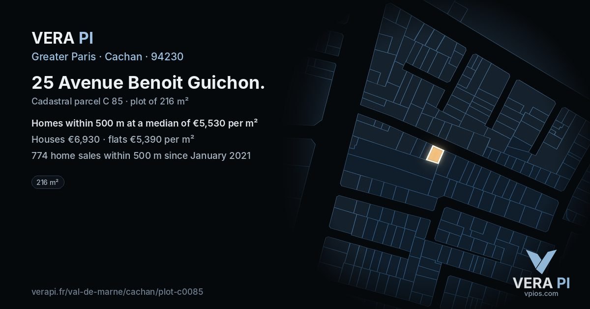 25 Avenue Benoit Guichon, Cachan at night – the plot lit, the parcels around coloured by the prices near them