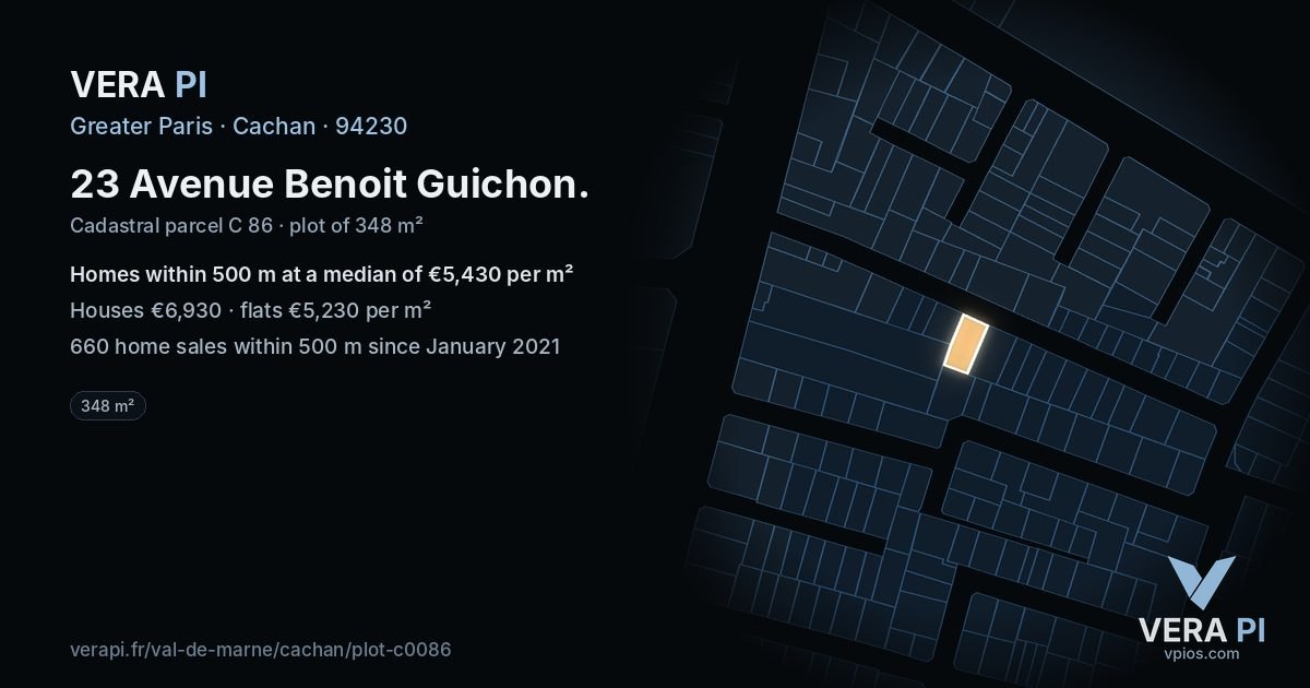 23 Avenue Benoit Guichon, Cachan at night – the plot lit, the parcels around coloured by the prices near them