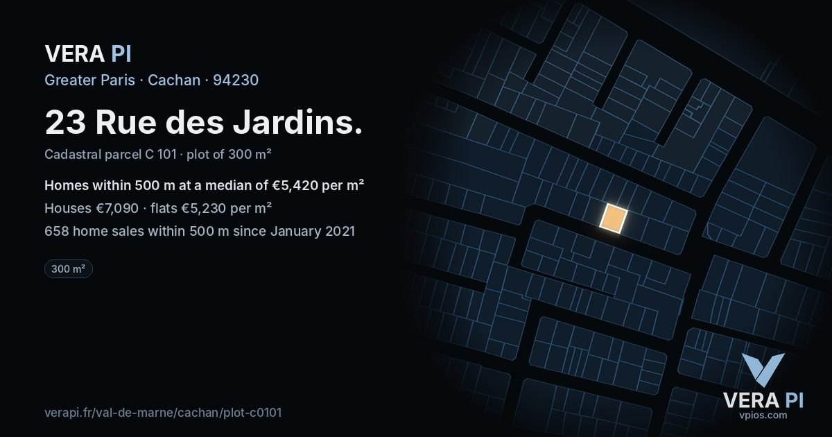 23 Rue des Jardins, Cachan at night – the plot lit, the parcels around coloured by the prices near them