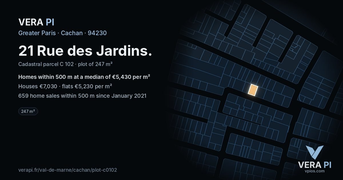 21 Rue des Jardins, Cachan at night – the plot lit, the parcels around coloured by the prices near them