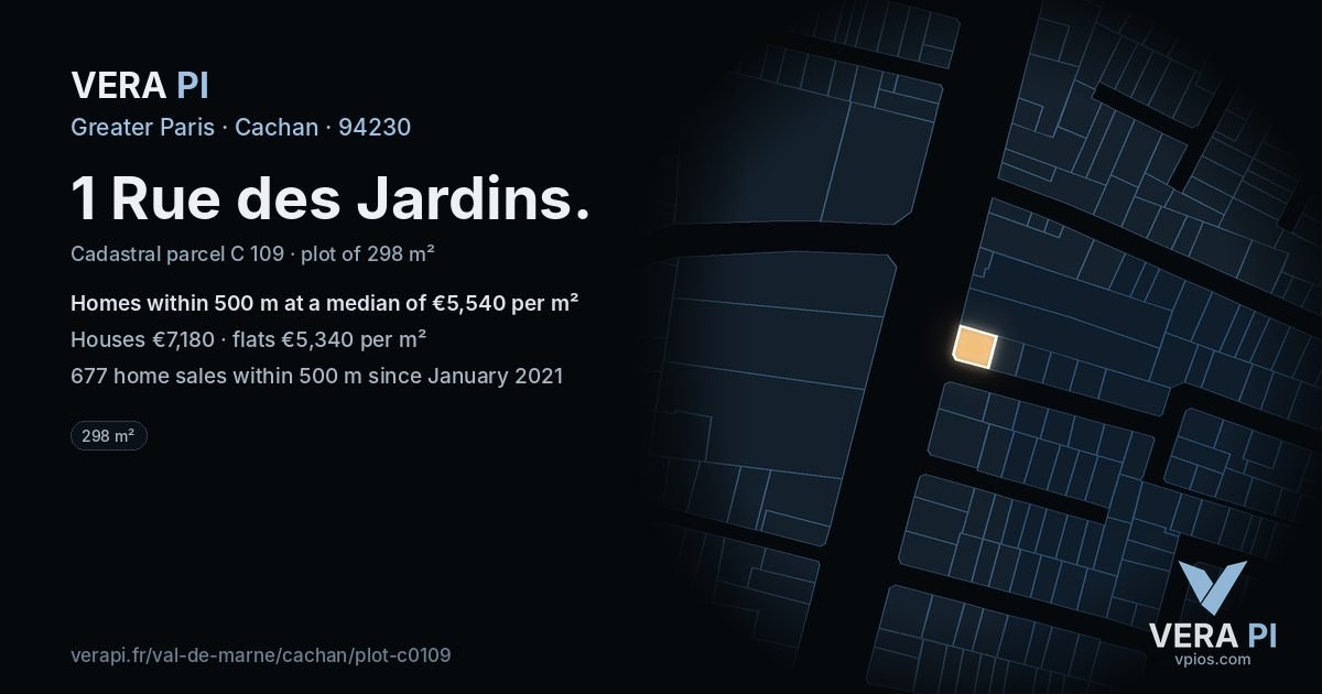 1 Rue des Jardins, Cachan at night – the plot lit, the parcels around coloured by the prices near them