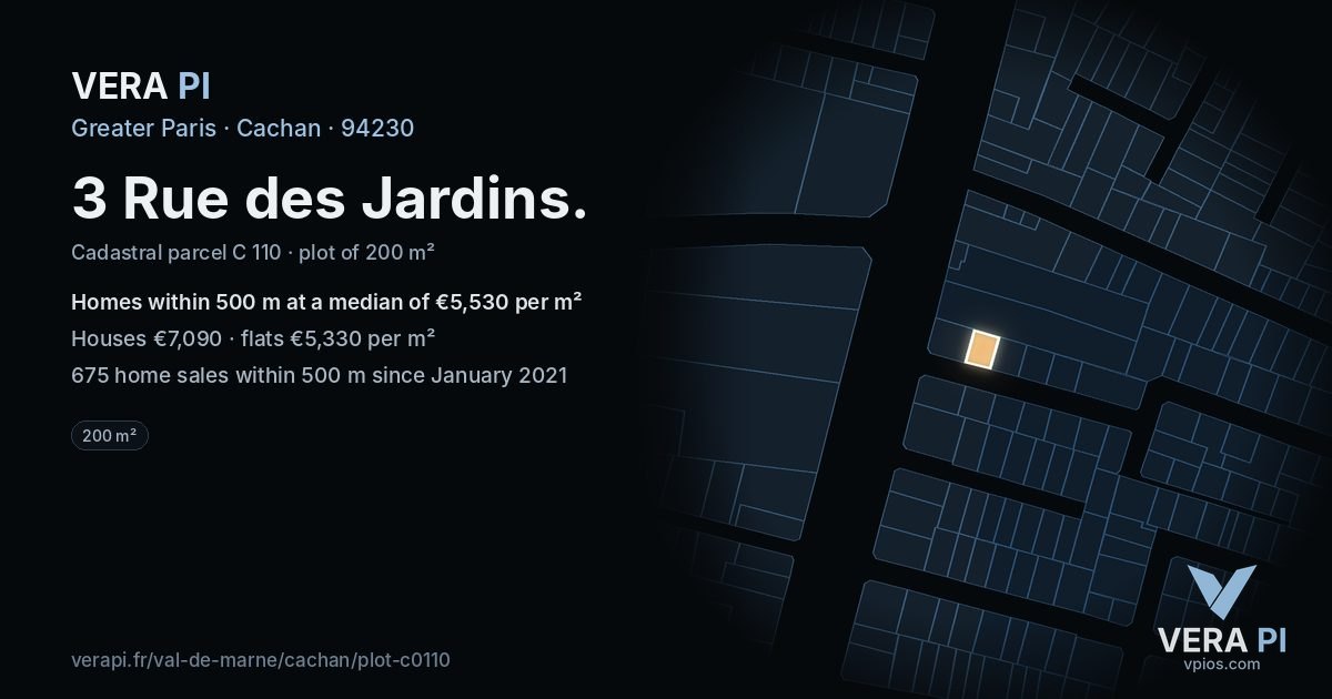 3 Rue des Jardins, Cachan at night – the plot lit, the parcels around coloured by the prices near them