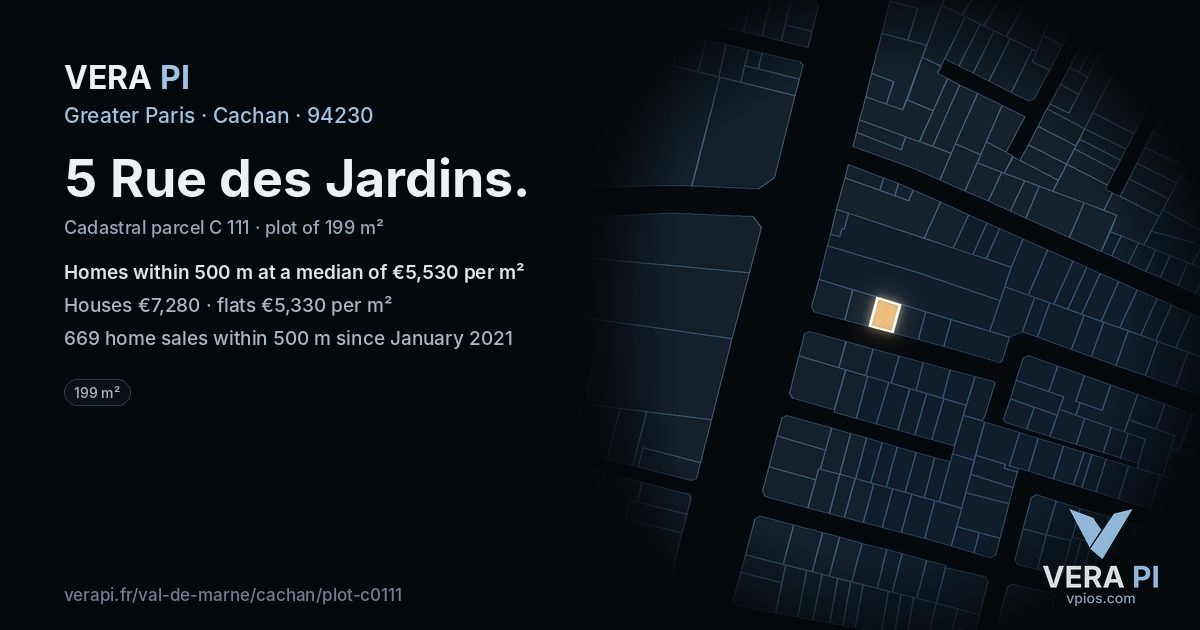 5 Rue des Jardins, Cachan at night – the plot lit, the parcels around coloured by the prices near them