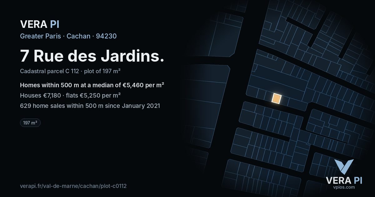 7 Rue des Jardins, Cachan at night – the plot lit, the parcels around coloured by the prices near them