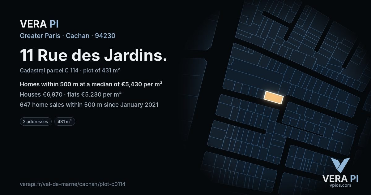 11 Rue des Jardins, Cachan at night – the plot lit, the parcels around coloured by the prices near them