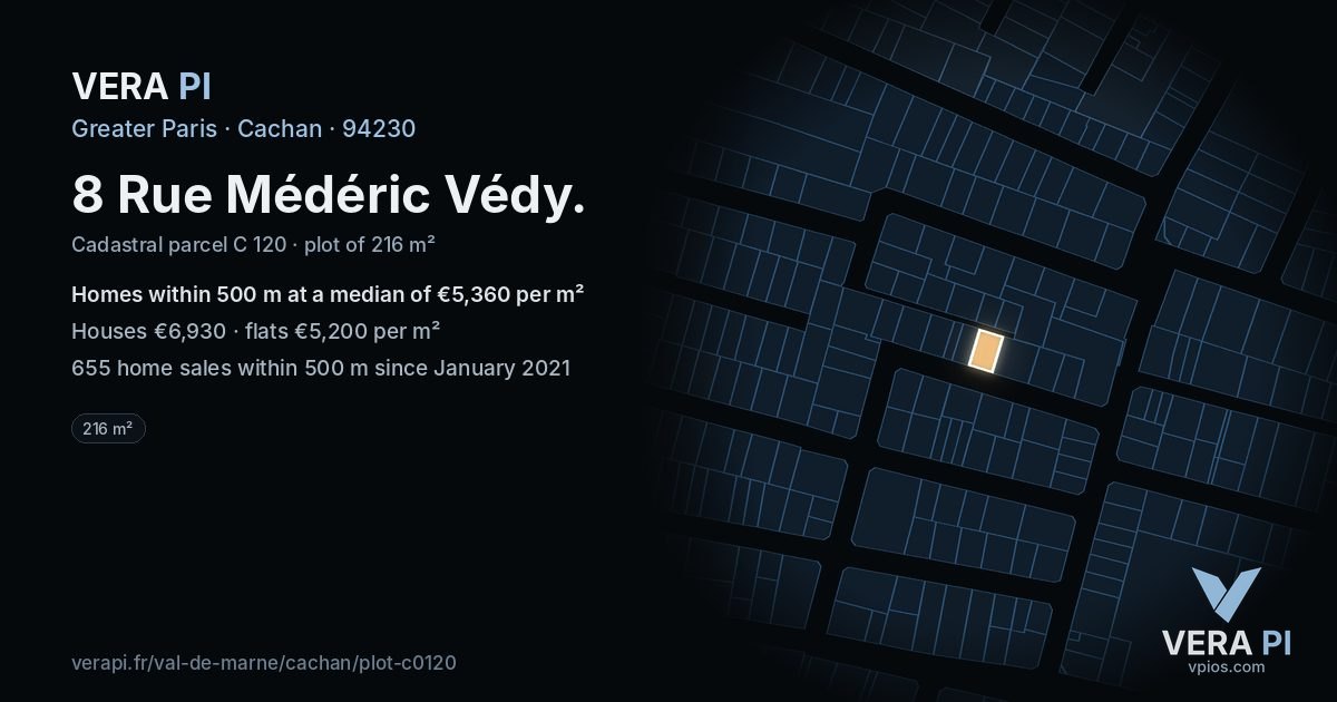 8 Rue Médéric Védy, Cachan at night – the plot lit, the parcels around coloured by the prices near them