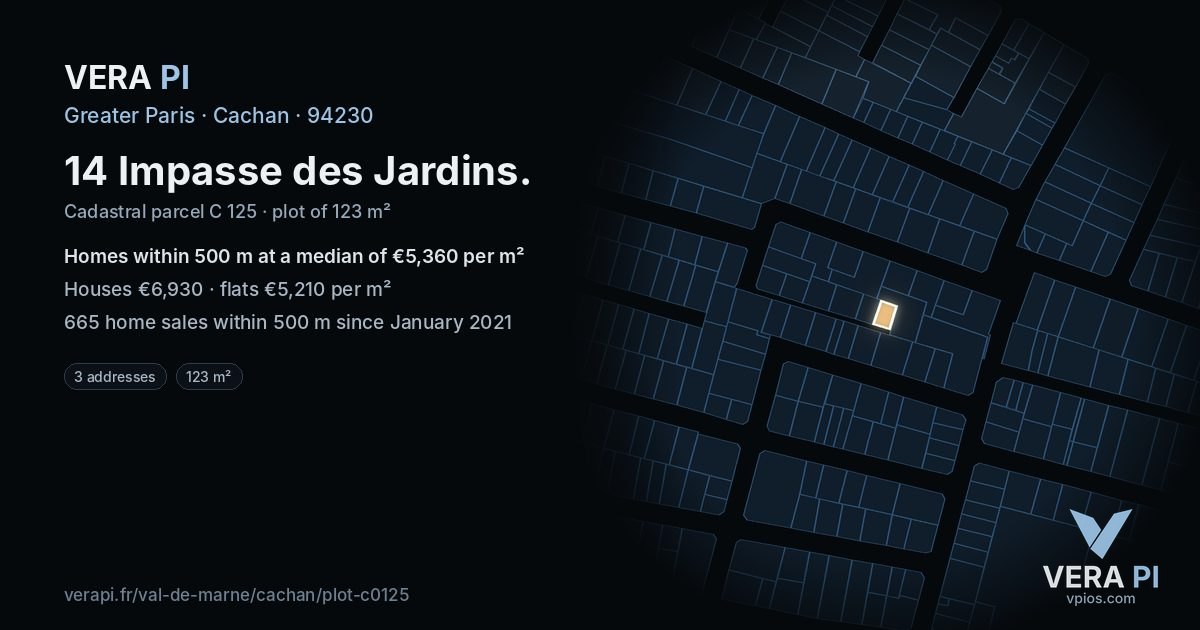 14 Impasse des Jardins, Cachan at night – the plot lit, the parcels around coloured by the prices near them