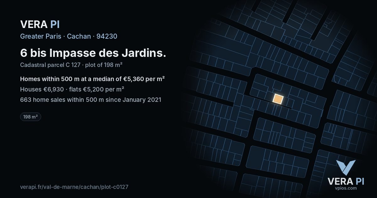 6 bis Impasse des Jardins, Cachan at night – the plot lit, the parcels around coloured by the prices near them