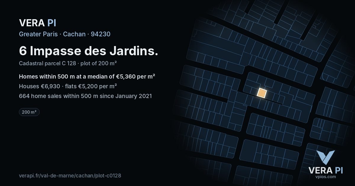 6 Impasse des Jardins, Cachan at night – the plot lit, the parcels around coloured by the prices near them