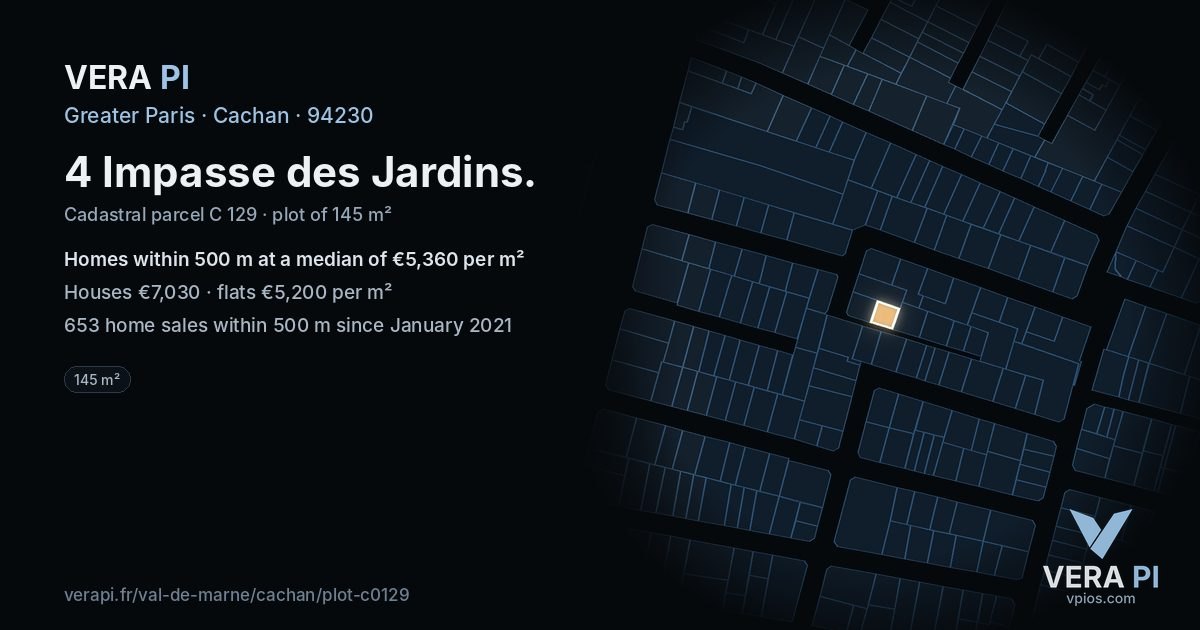 4 Impasse des Jardins, Cachan at night – the plot lit, the parcels around coloured by the prices near them
