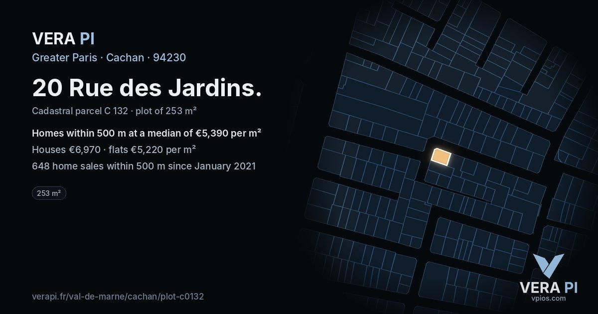 20 Rue des Jardins, Cachan at night – the plot lit, the parcels around coloured by the prices near them