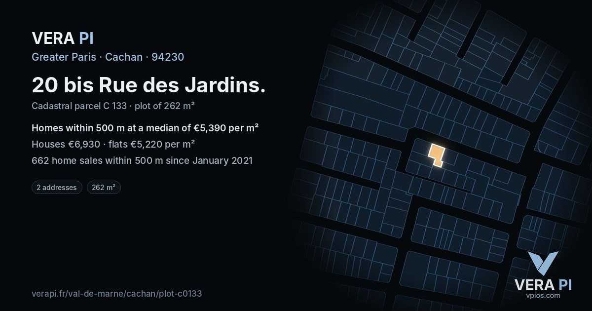 20 bis Rue des Jardins, Cachan at night – the plot lit, the parcels around coloured by the prices near them