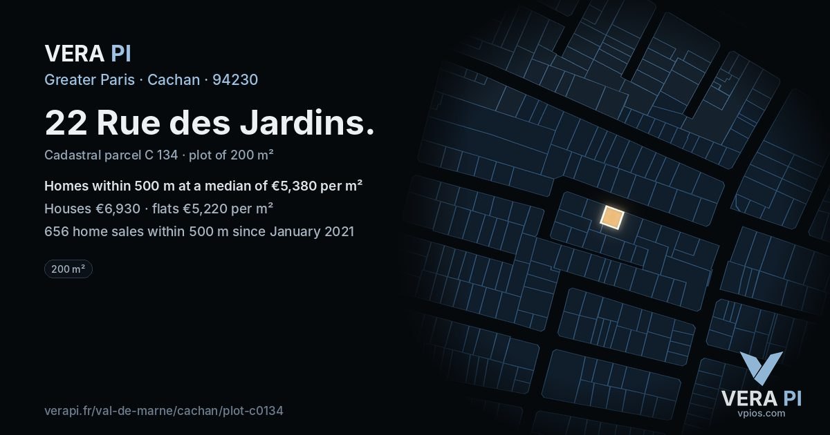 22 Rue des Jardins, Cachan at night – the plot lit, the parcels around coloured by the prices near them