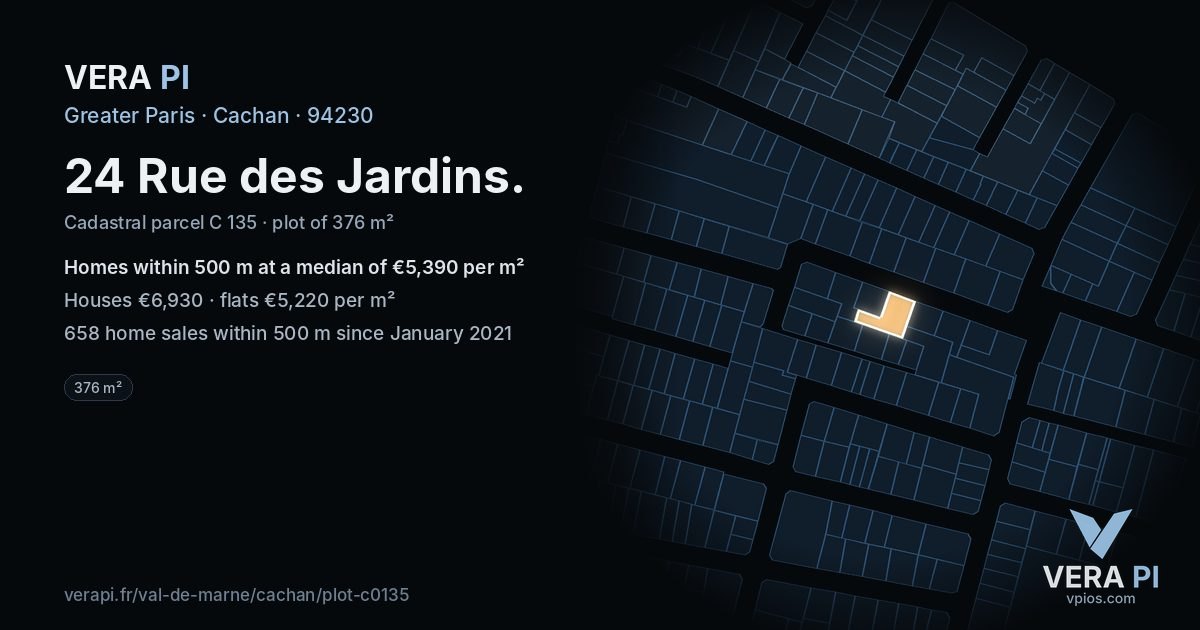 24 Rue des Jardins, Cachan at night – the plot lit, the parcels around coloured by the prices near them