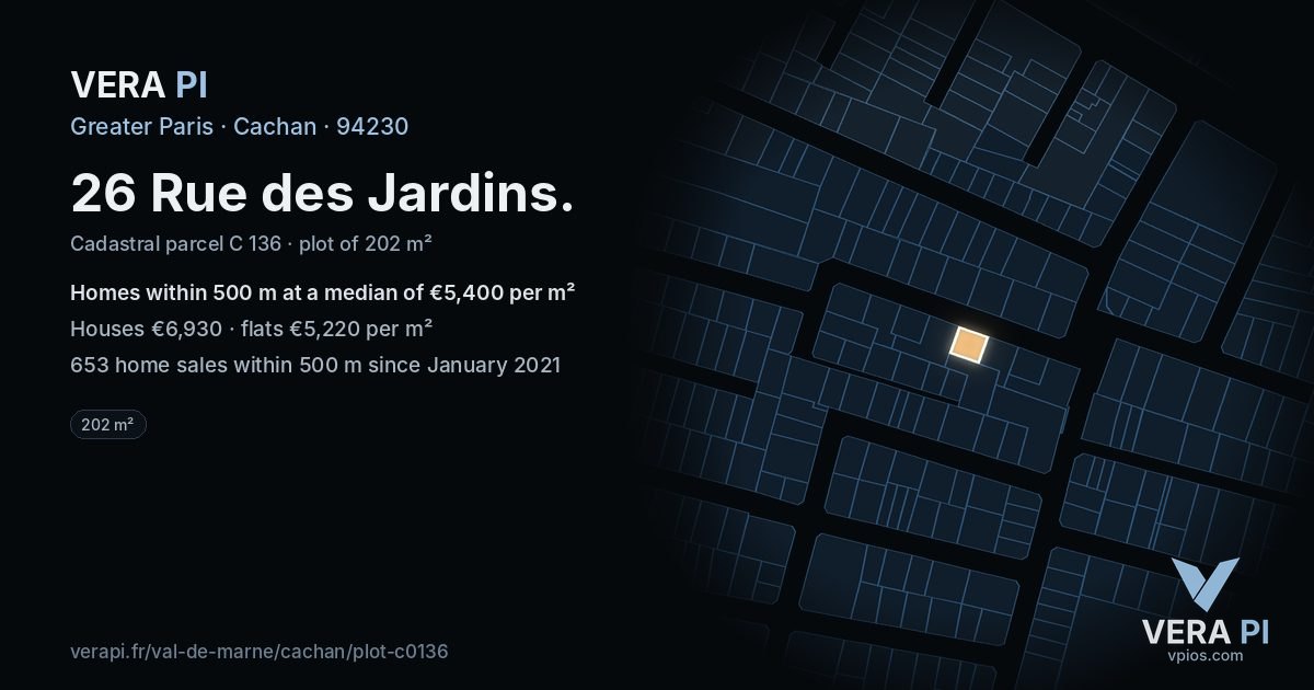 26 Rue des Jardins, Cachan at night – the plot lit, the parcels around coloured by the prices near them