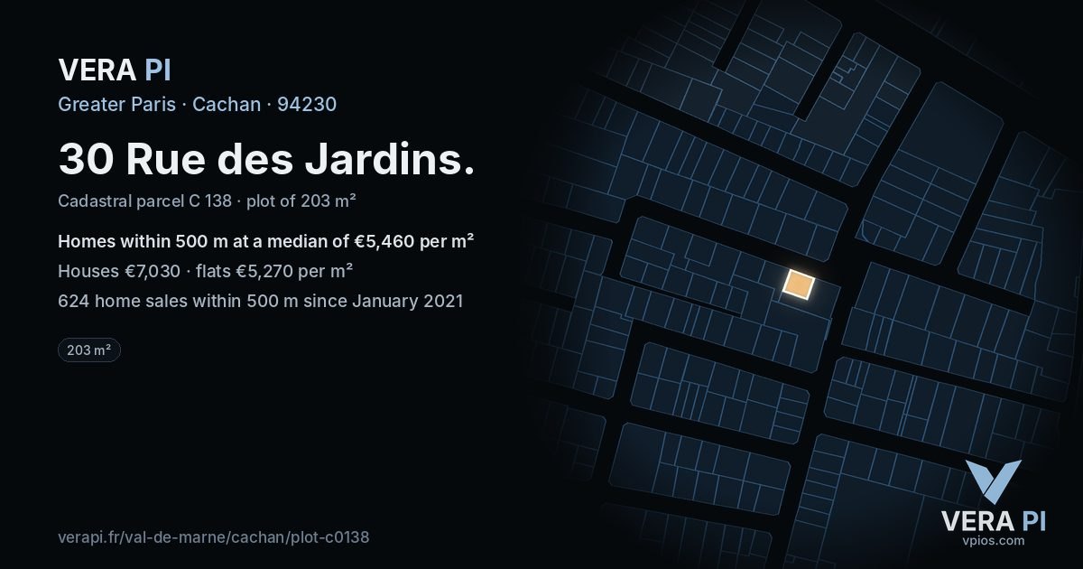 30 Rue des Jardins, Cachan at night – the plot lit, the parcels around coloured by the prices near them