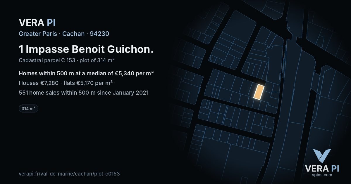 1 Impasse Benoit Guichon, Cachan at night – the plot lit, the parcels around coloured by the prices near them