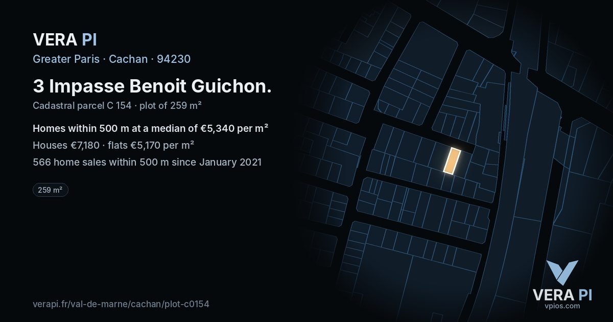 3 Impasse Benoit Guichon, Cachan at night – the plot lit, the parcels around coloured by the prices near them