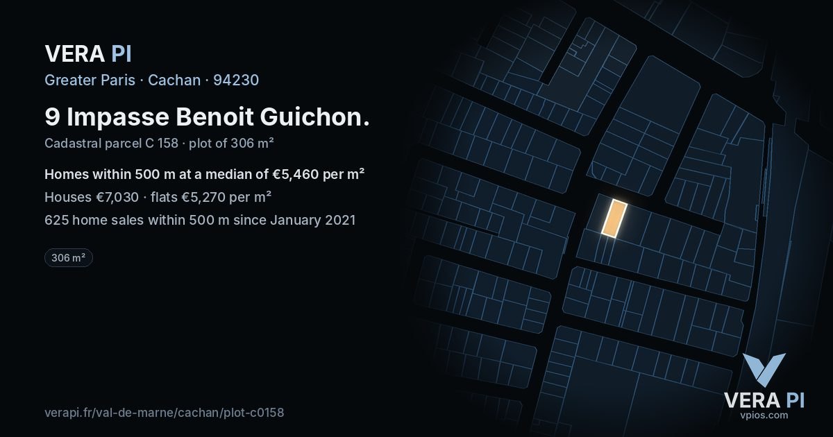 9 Impasse Benoit Guichon, Cachan at night – the plot lit, the parcels around coloured by the prices near them