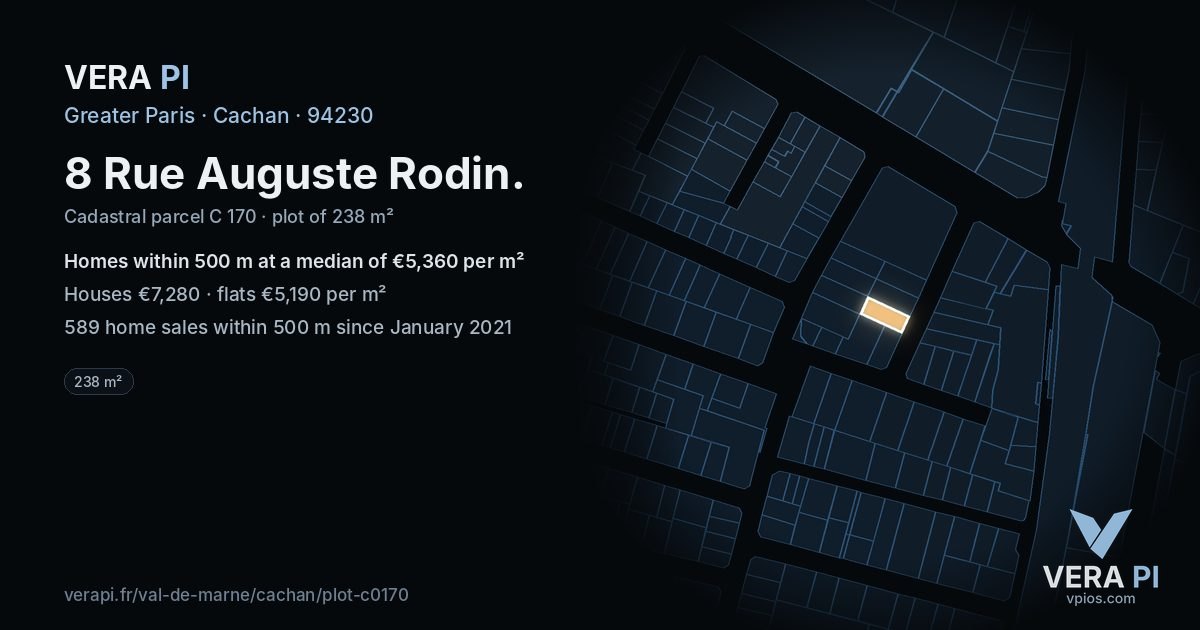 8 Rue Auguste Rodin, Cachan at night – the plot lit, the parcels around coloured by the prices near them
