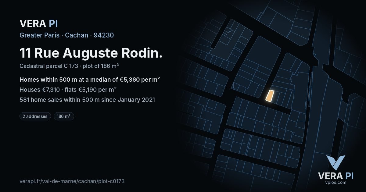 11 Rue Auguste Rodin, Cachan at night – the plot lit, the parcels around coloured by the prices near them