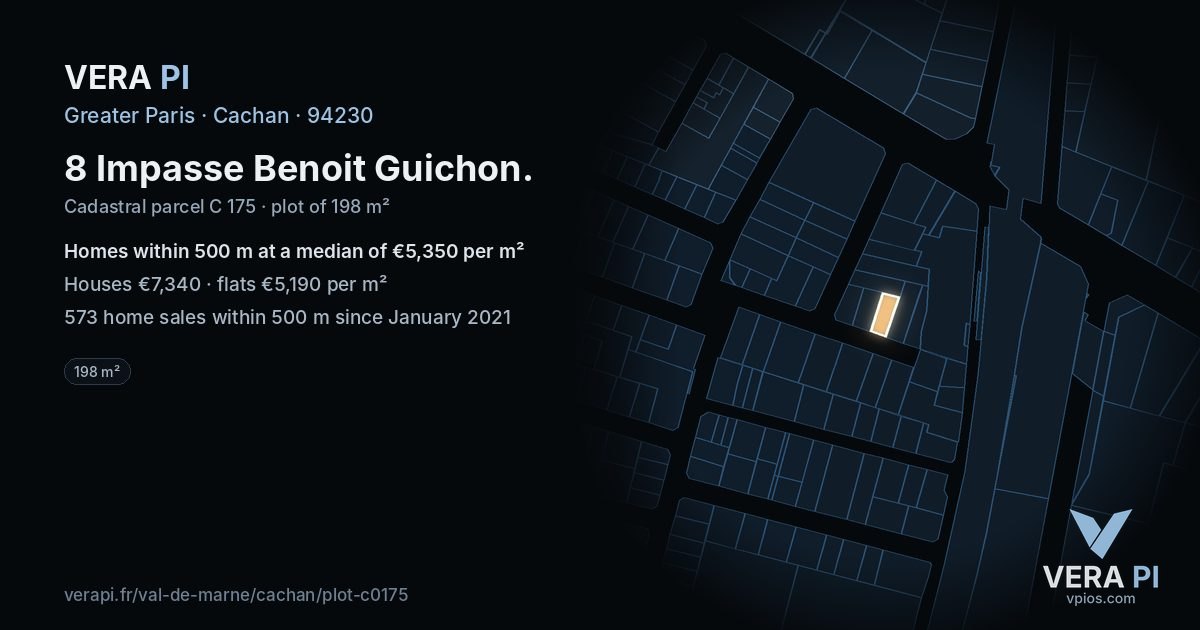 8 Impasse Benoit Guichon, Cachan at night – the plot lit, the parcels around coloured by the prices near them