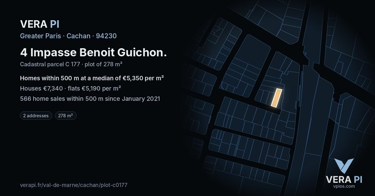 4 Impasse Benoit Guichon, Cachan at night – the plot lit, the parcels around coloured by the prices near them