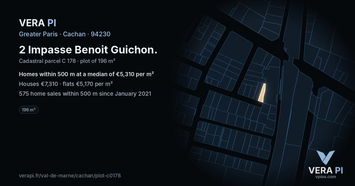 2 Impasse Benoit Guichon, Cachan at night – the plot lit, the parcels around coloured by the prices near them