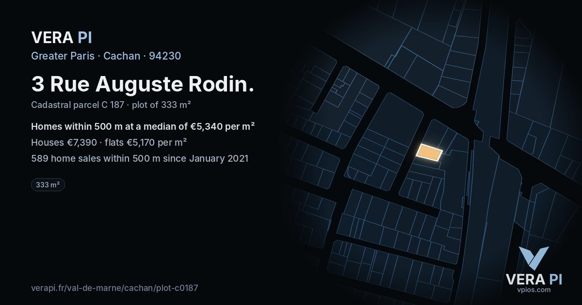 3 Rue Auguste Rodin, Cachan at night – the plot lit, the parcels around coloured by the prices near them
