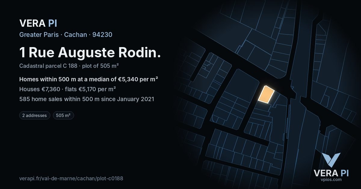 1 Rue Auguste Rodin, Cachan at night – the plot lit, the parcels around coloured by the prices near them