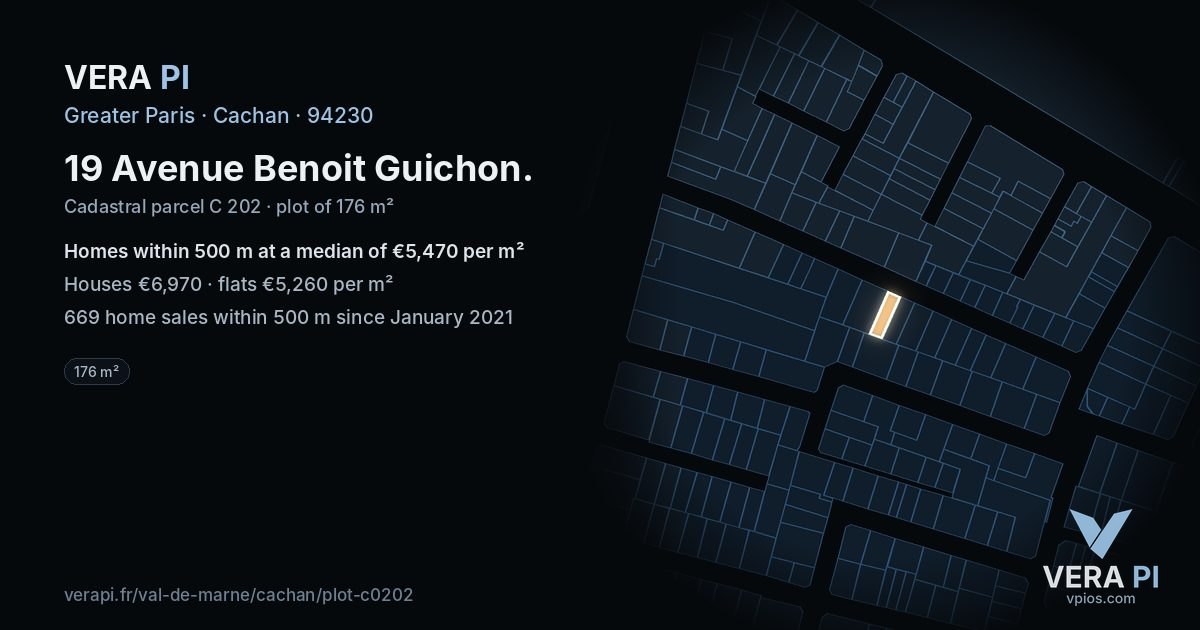 19 Avenue Benoit Guichon, Cachan at night – the plot lit, the parcels around coloured by the prices near them