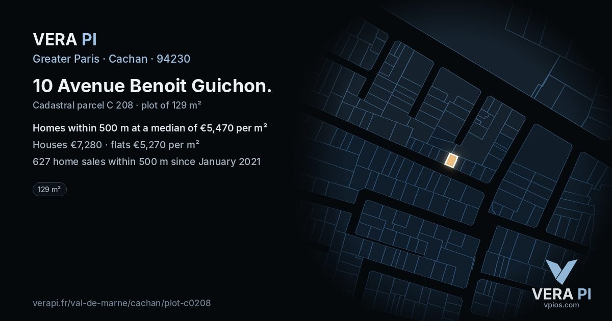 10 Avenue Benoit Guichon, Cachan at night – the plot lit, the parcels around coloured by the prices near them