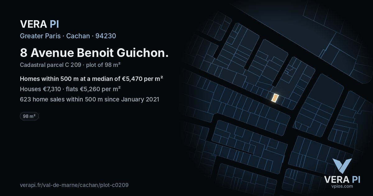 8 Avenue Benoit Guichon, Cachan at night – the plot lit, the parcels around coloured by the prices near them
