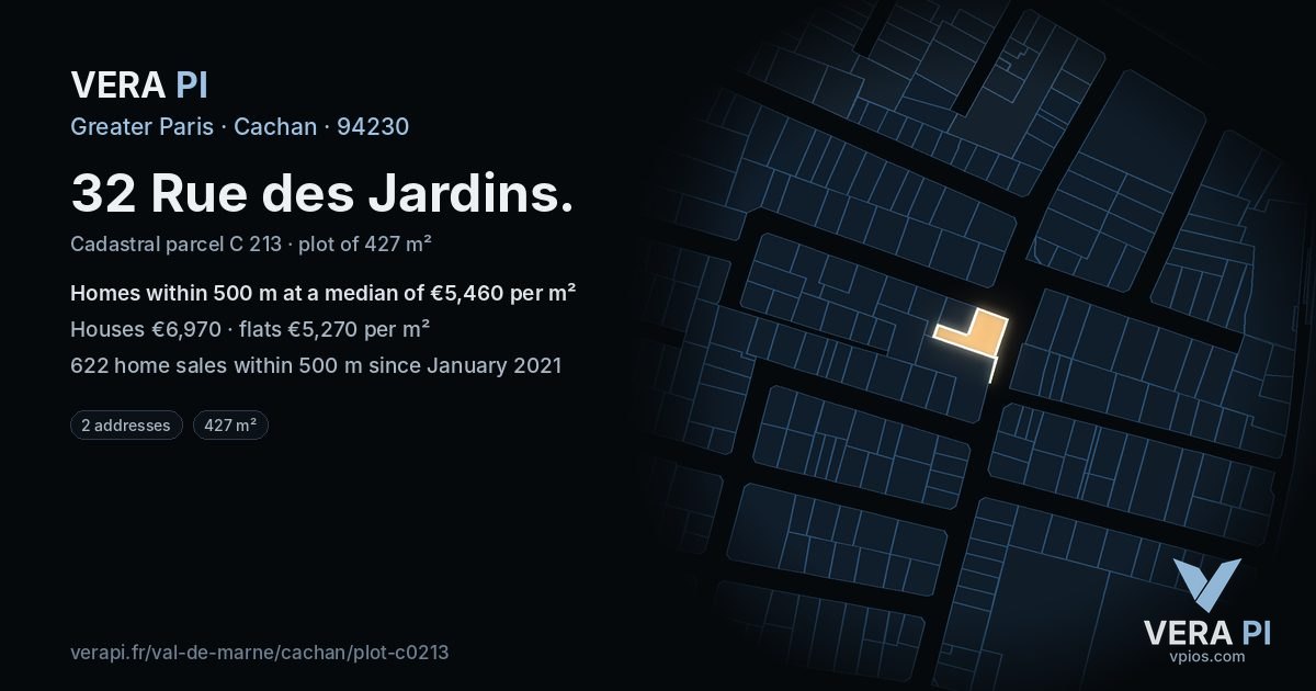 32 Rue des Jardins, Cachan at night – the plot lit, the parcels around coloured by the prices near them