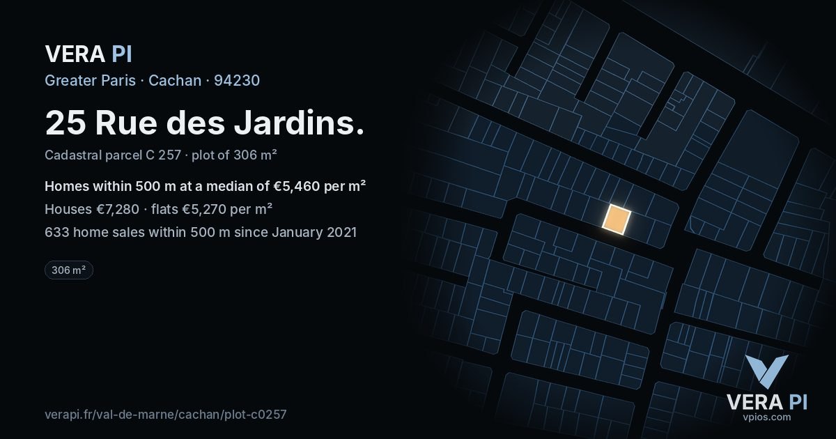 25 Rue des Jardins, Cachan at night – the plot lit, the parcels around coloured by the prices near them