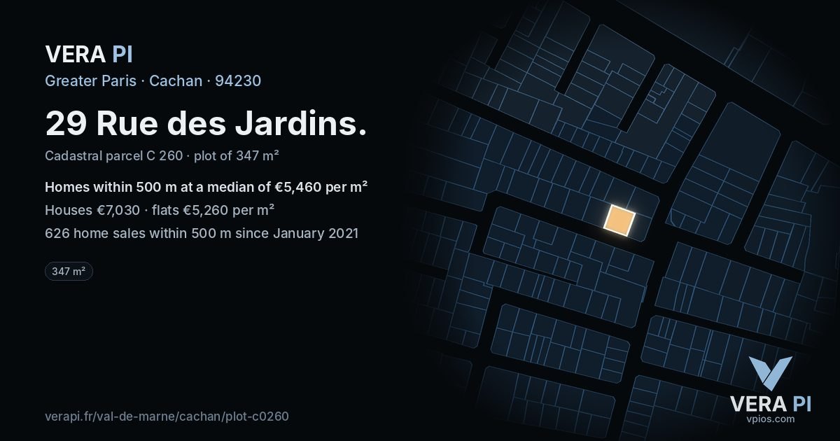 29 Rue des Jardins, Cachan at night – the plot lit, the parcels around coloured by the prices near them