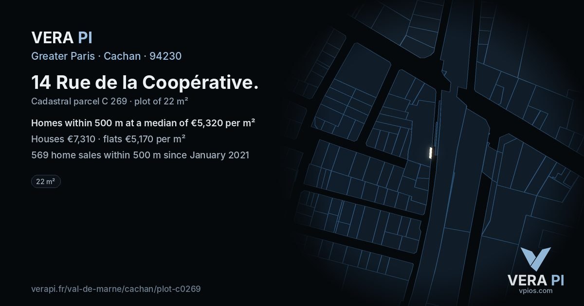 14 Rue de la Coopérative, Cachan at night – the plot lit, the parcels around coloured by the prices near them