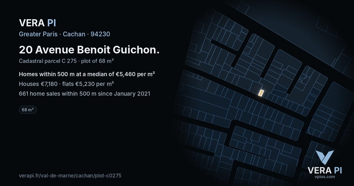 20 Avenue Benoit Guichon, Cachan at night – the plot lit, the parcels around coloured by the prices near them