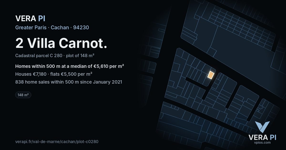 2 Villa Carnot, Cachan at night – the plot lit, the parcels around coloured by the prices near them