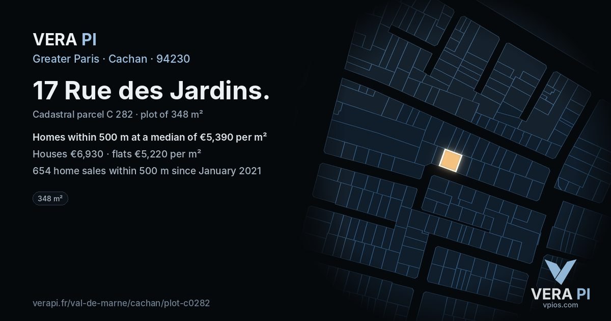 17 Rue des Jardins, Cachan at night – the plot lit, the parcels around coloured by the prices near them