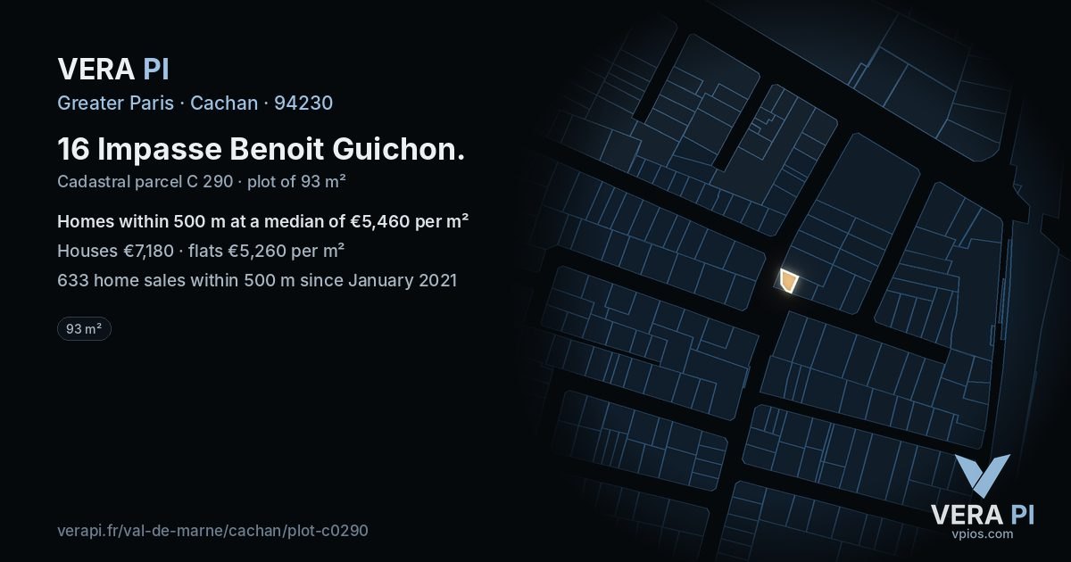16 Impasse Benoit Guichon, Cachan at night – the plot lit, the parcels around coloured by the prices near them