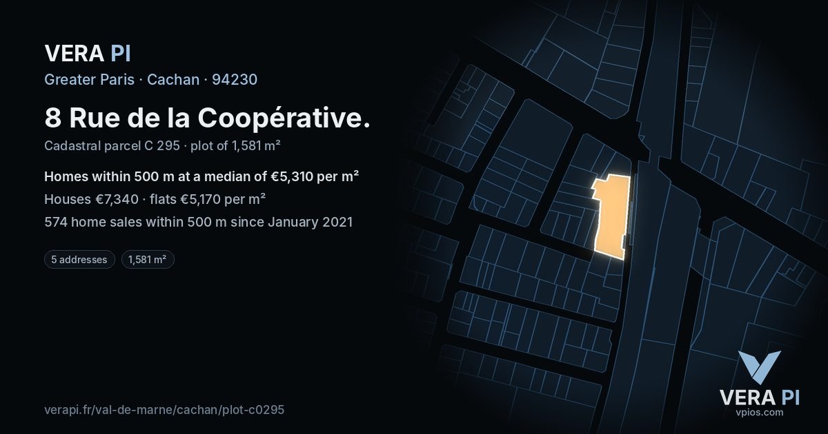 8 Rue de la Coopérative, Cachan at night – the plot lit, the parcels around coloured by the prices near them