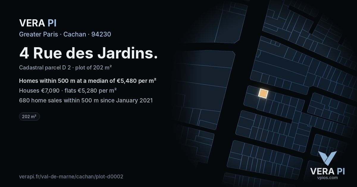 4 Rue des Jardins, Cachan at night – the plot lit, the parcels around coloured by the prices near them
