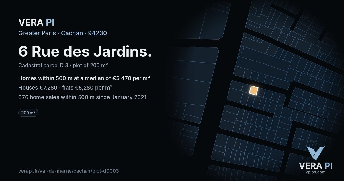 6 Rue des Jardins, Cachan at night – the plot lit, the parcels around coloured by the prices near them