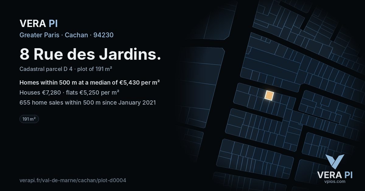 8 Rue des Jardins, Cachan at night – the plot lit, the parcels around coloured by the prices near them