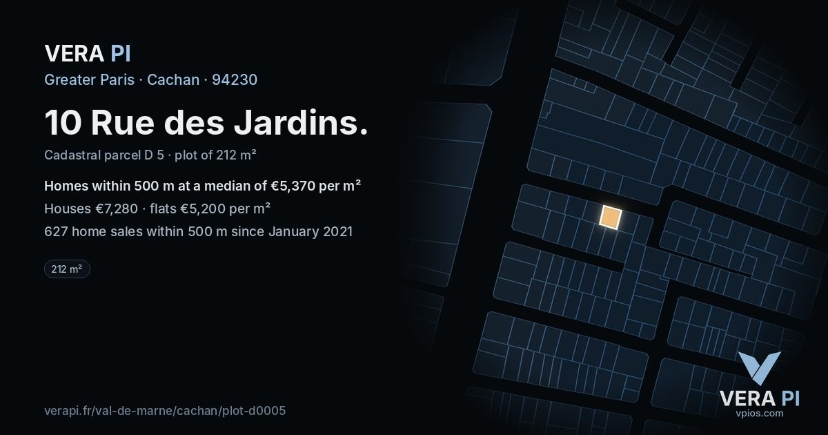 10 Rue des Jardins, Cachan at night – the plot lit, the parcels around coloured by the prices near them