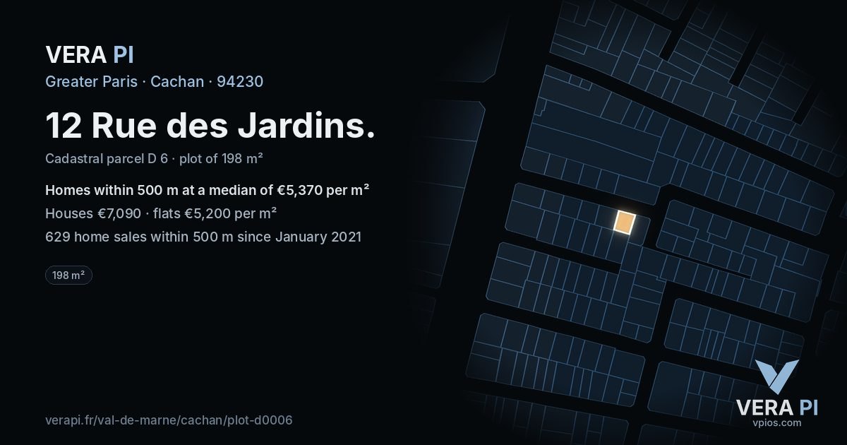 12 Rue des Jardins, Cachan at night – the plot lit, the parcels around coloured by the prices near them